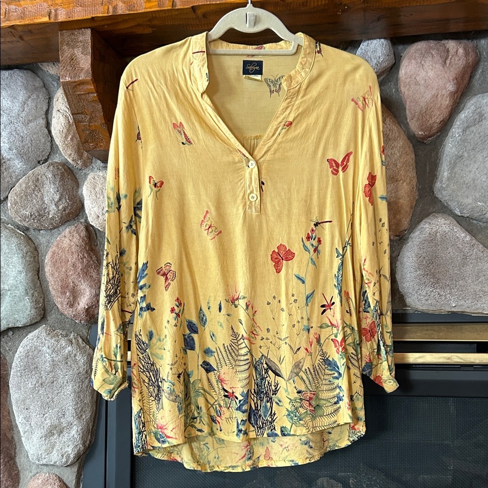 Sabryna Women's Yellow Botanical Print 3/4 Sleeve Popover Tunic Top, Size S